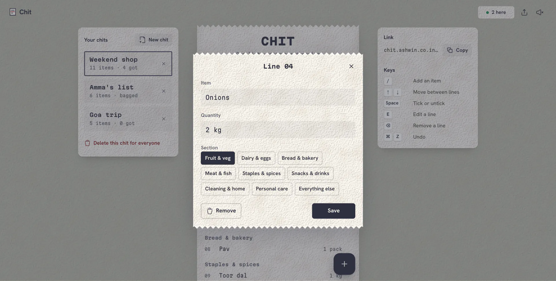 The edit sheet for line 04, onions, with item, quantity and section fields and remove and save buttons