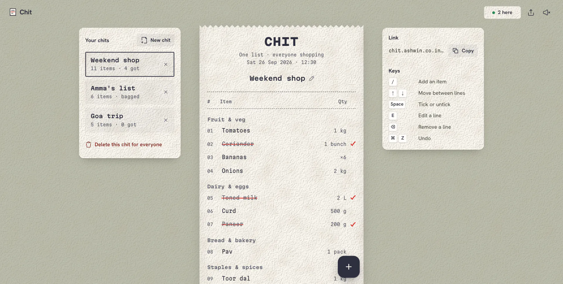 A weekend shop chit on desktop: your chits on the left, the receipt with eleven items in sections and four crossed off in red, and the share link and keys on the right