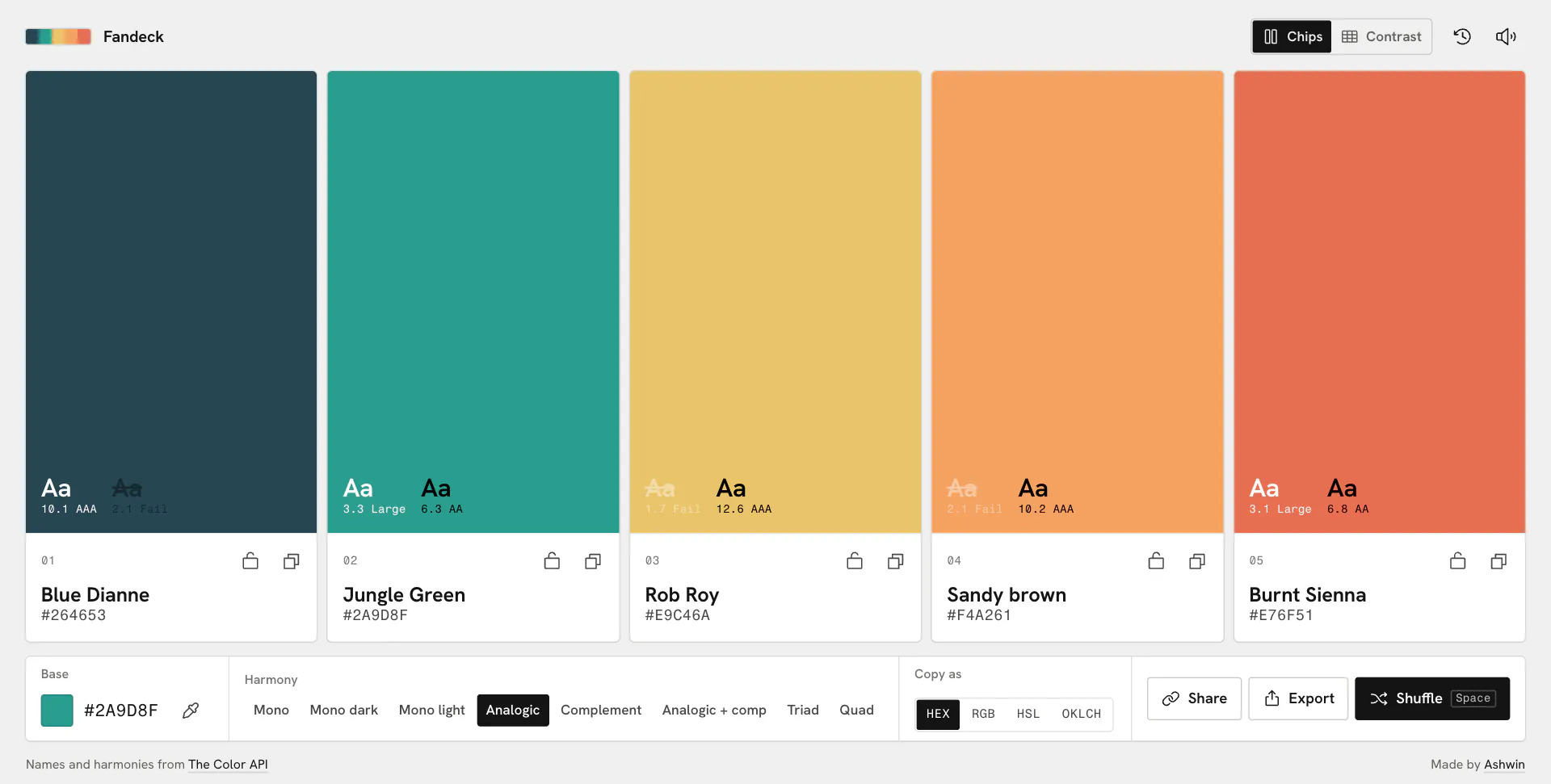 Five paint chips from an analogic palette with their names, hex values and text samples