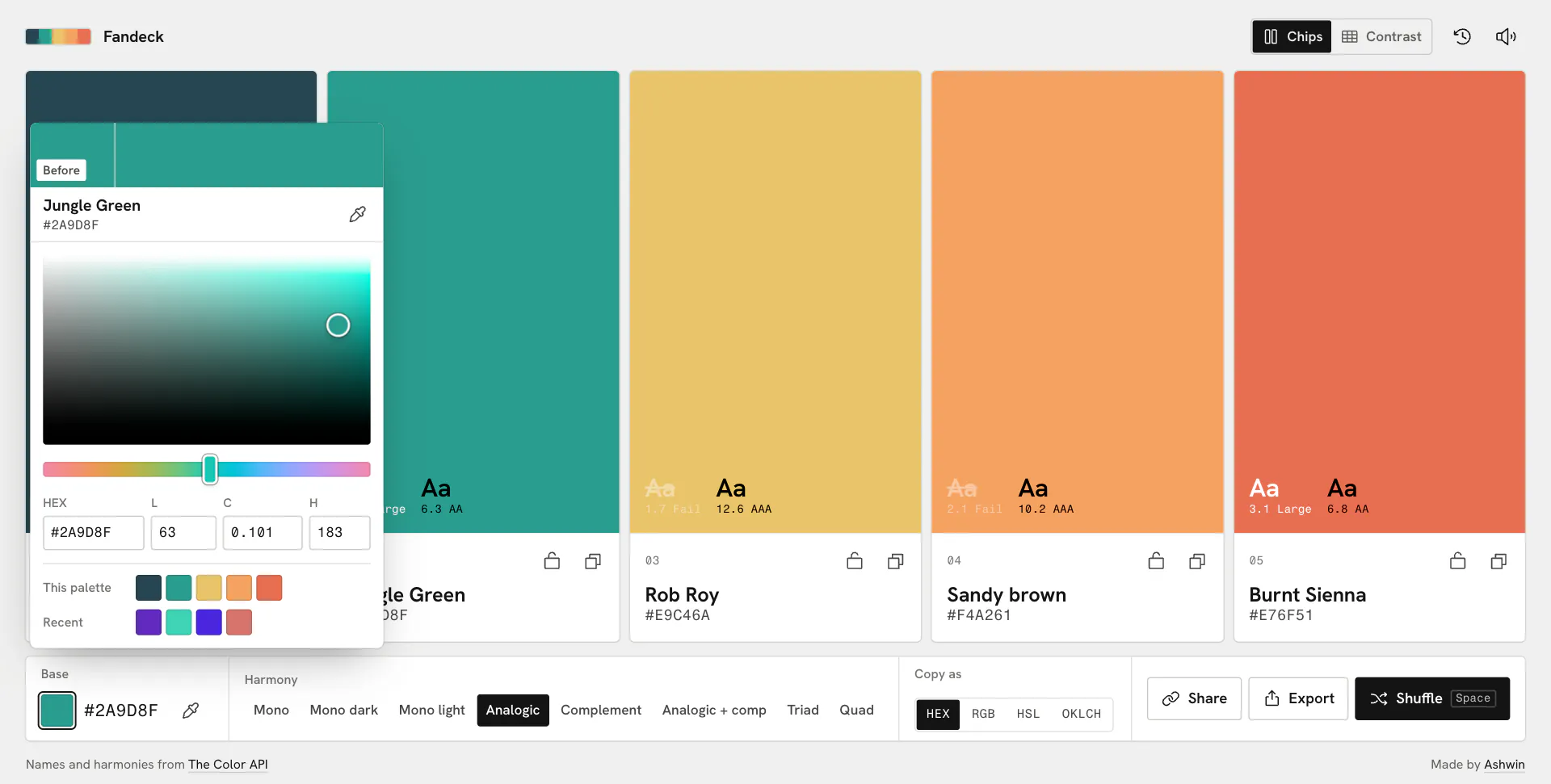 The OKLCH picker open over the palette with the before chip, hue strip and quick picks