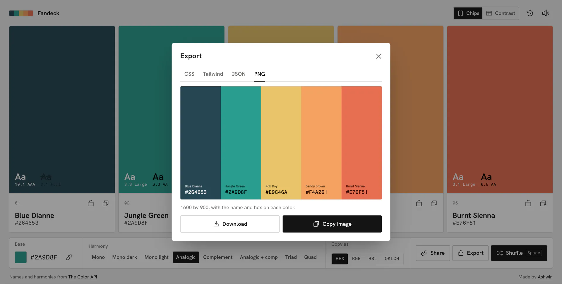 The export sheet on the PNG tab with the palette as an image