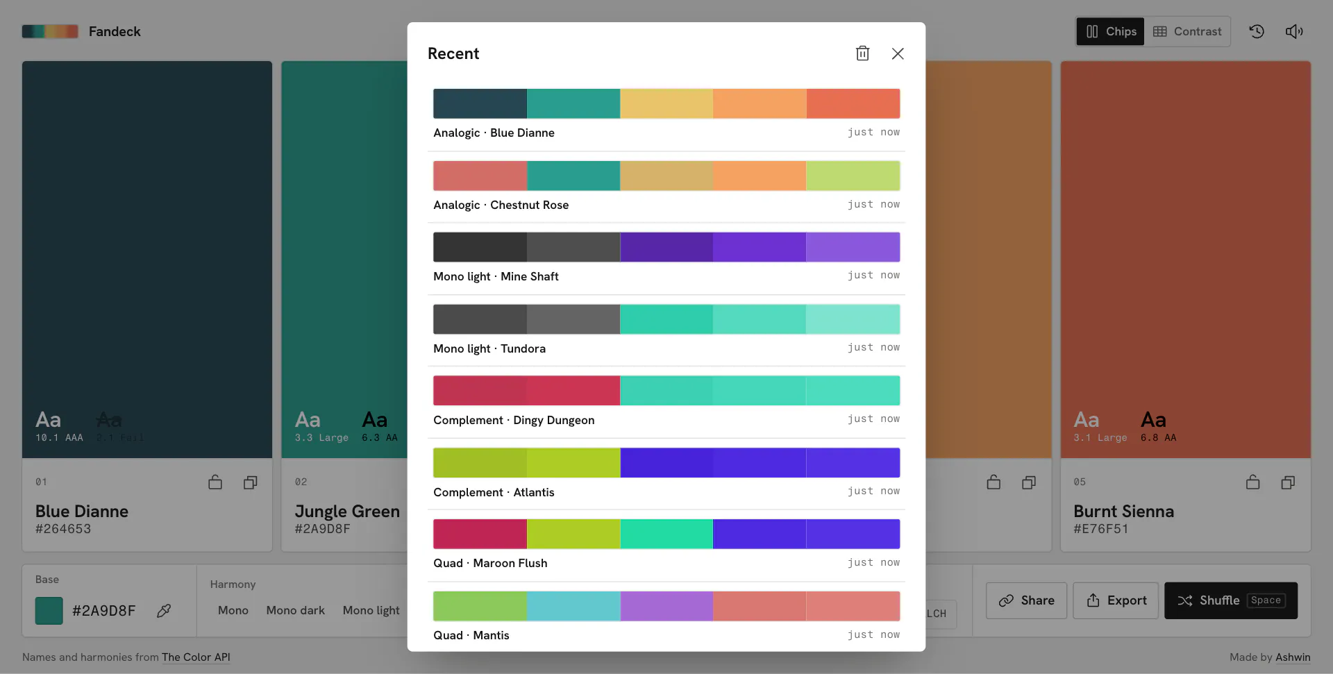 The recent sheet with saved palettes, their harmony and base color name