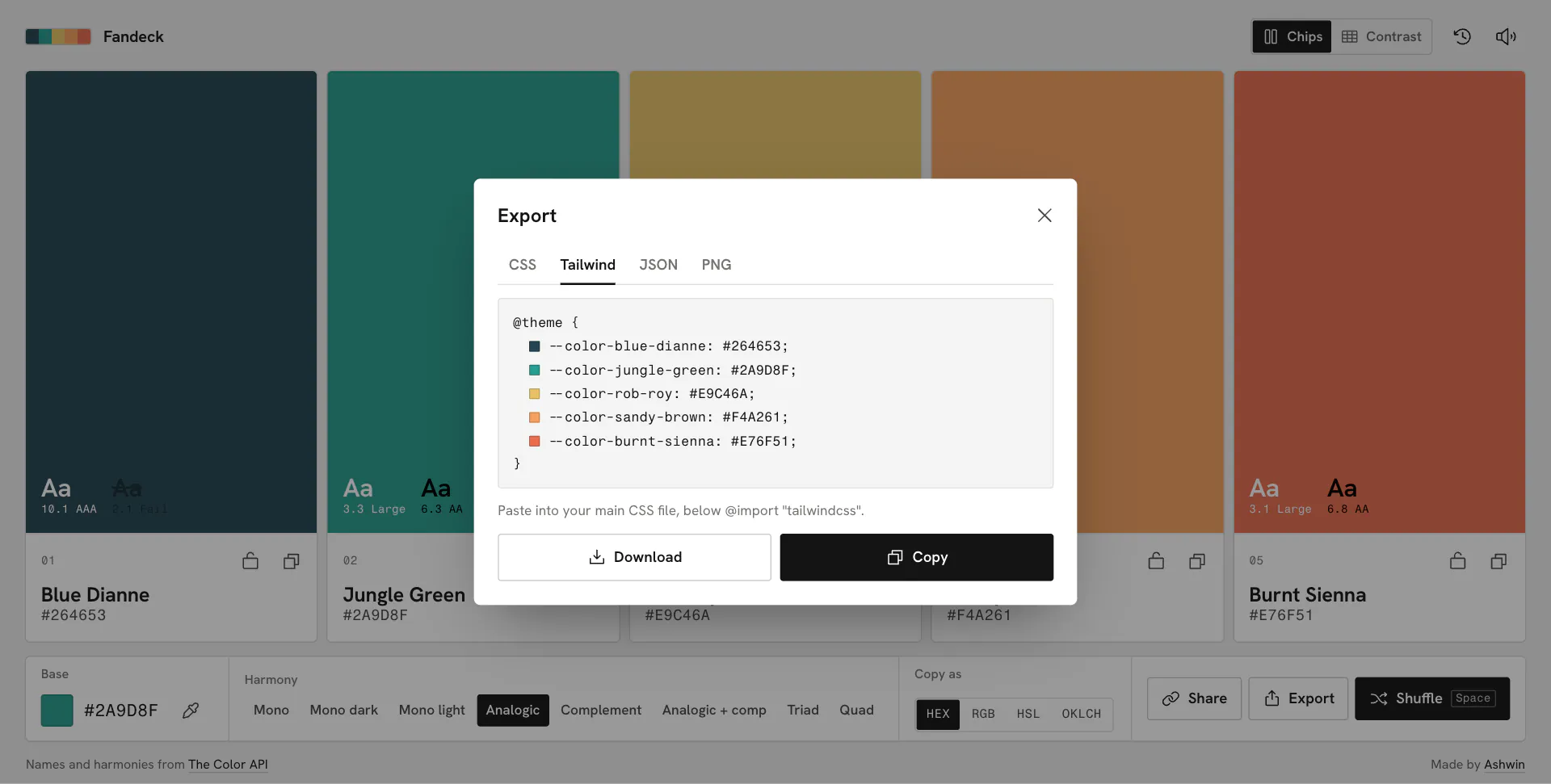 The export sheet on the Tailwind tab with a theme block of five named colors
