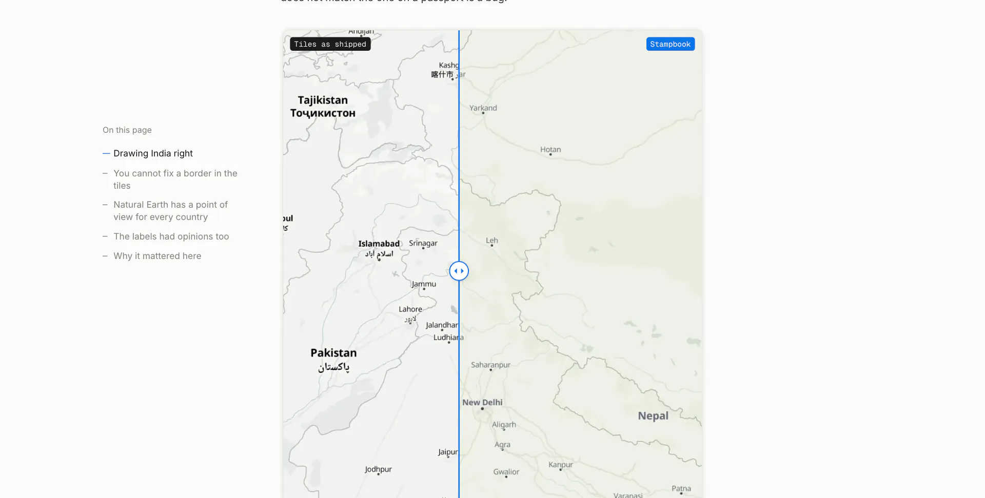 Stampbook's map of north India split in two, the tiles as shipped on the left and Stampbook's own borders on the right