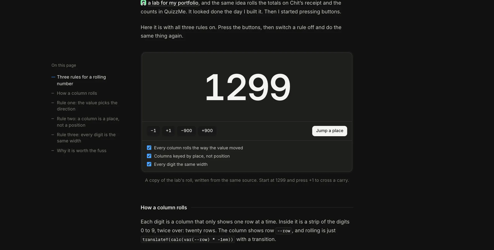 The rolling number post in dark mode with the odometer demo showing 1299, its buttons and its three rules