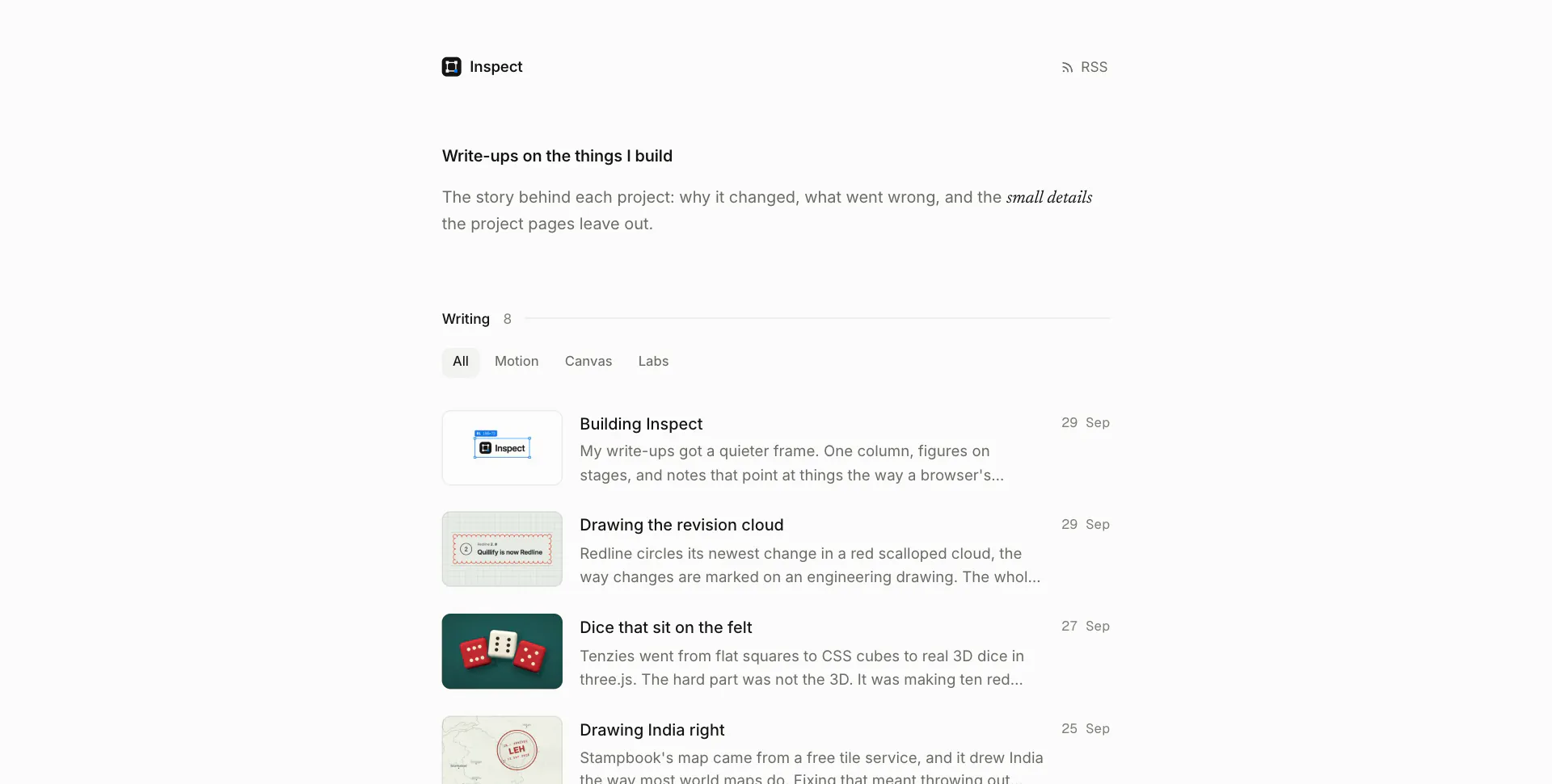 The home page: the Inspect wordmark, a short intro, tag filters and the list of posts with thumbnails, titles, a line about each and their dates