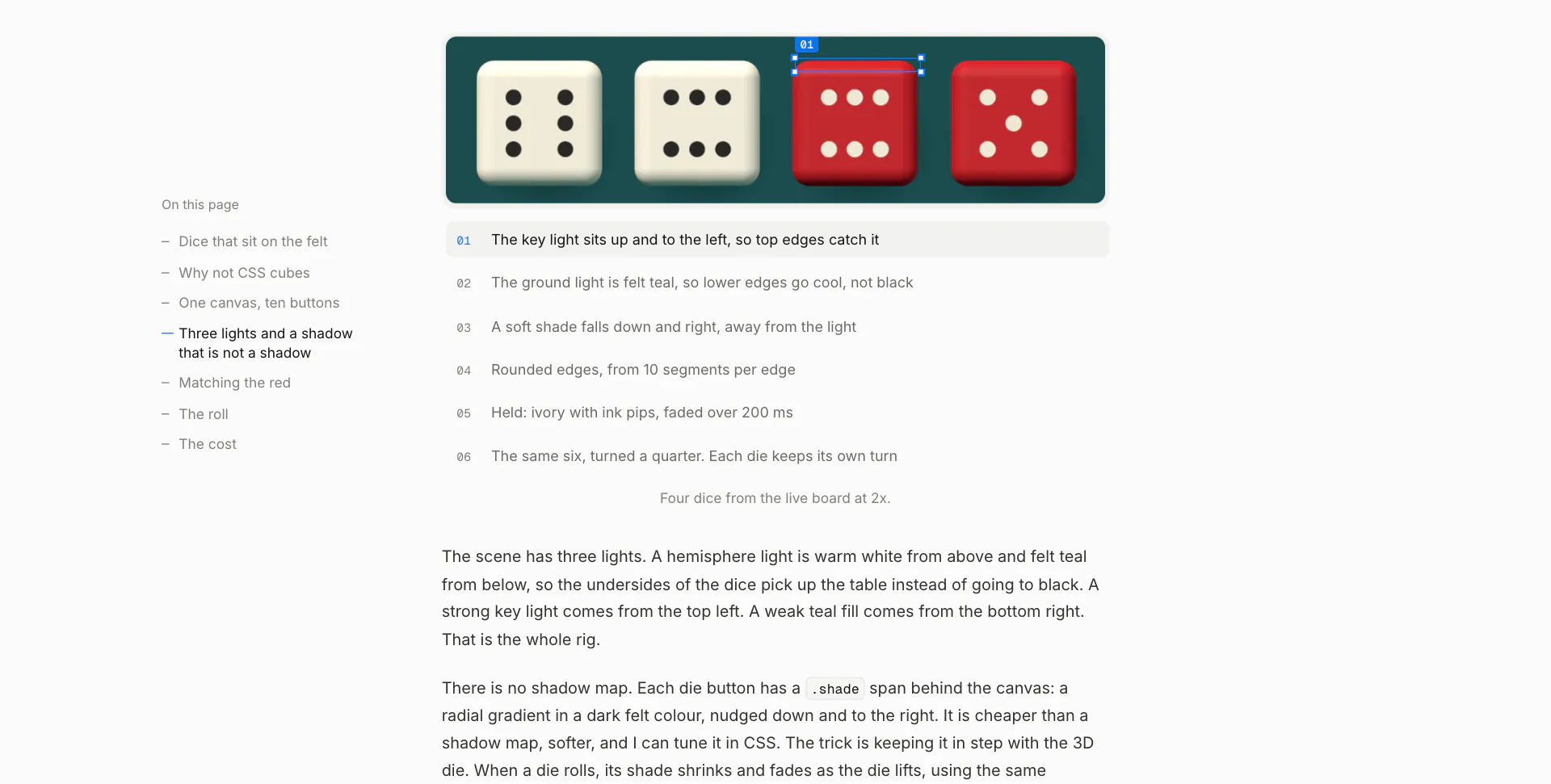A screenshot of four dice with the first note highlighted and a blue selection box round the top edges it describes