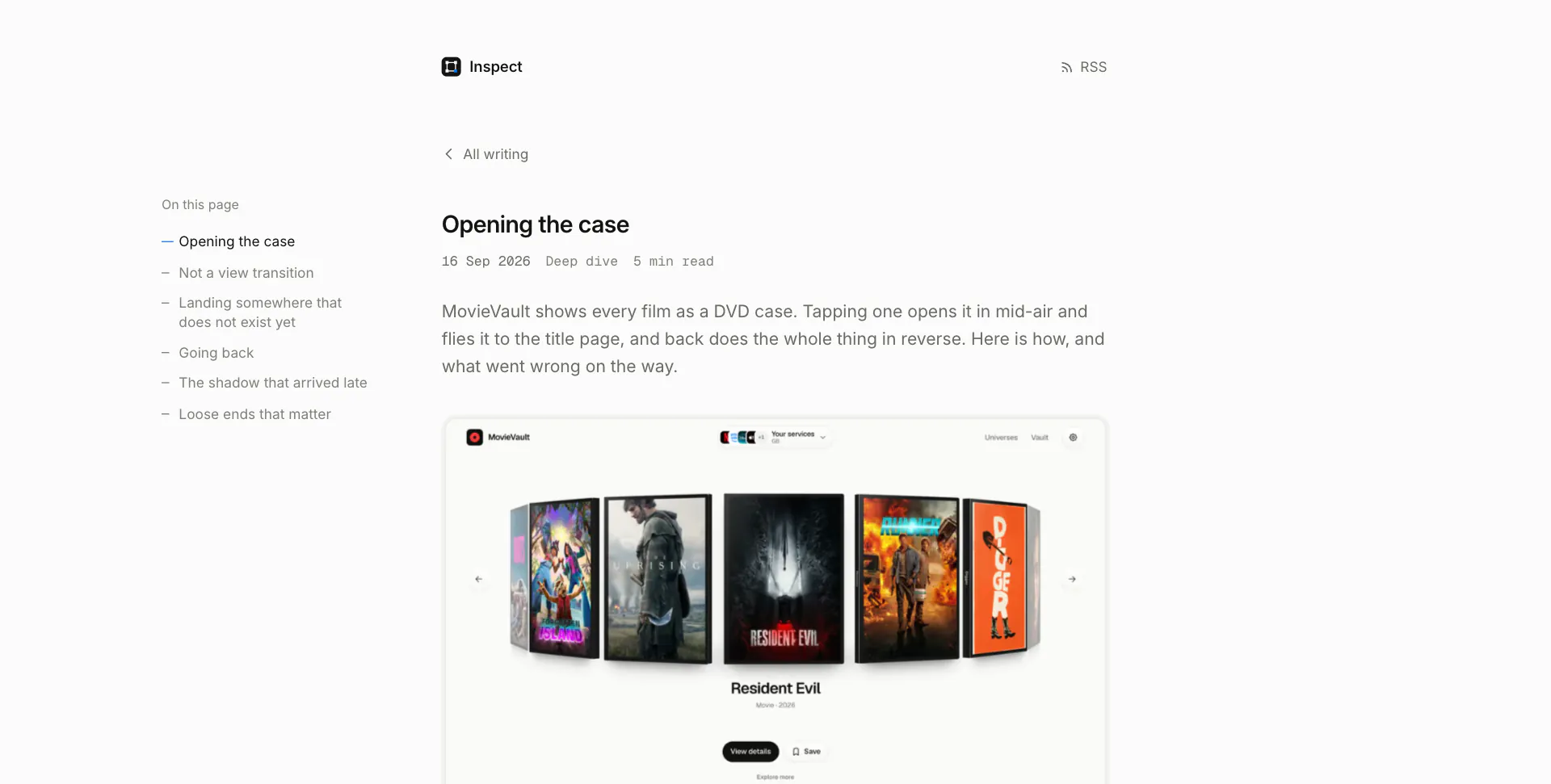 The top of a post on MovieVault's case flight: the contents rail, the title, date and read time, the dek and the hero still