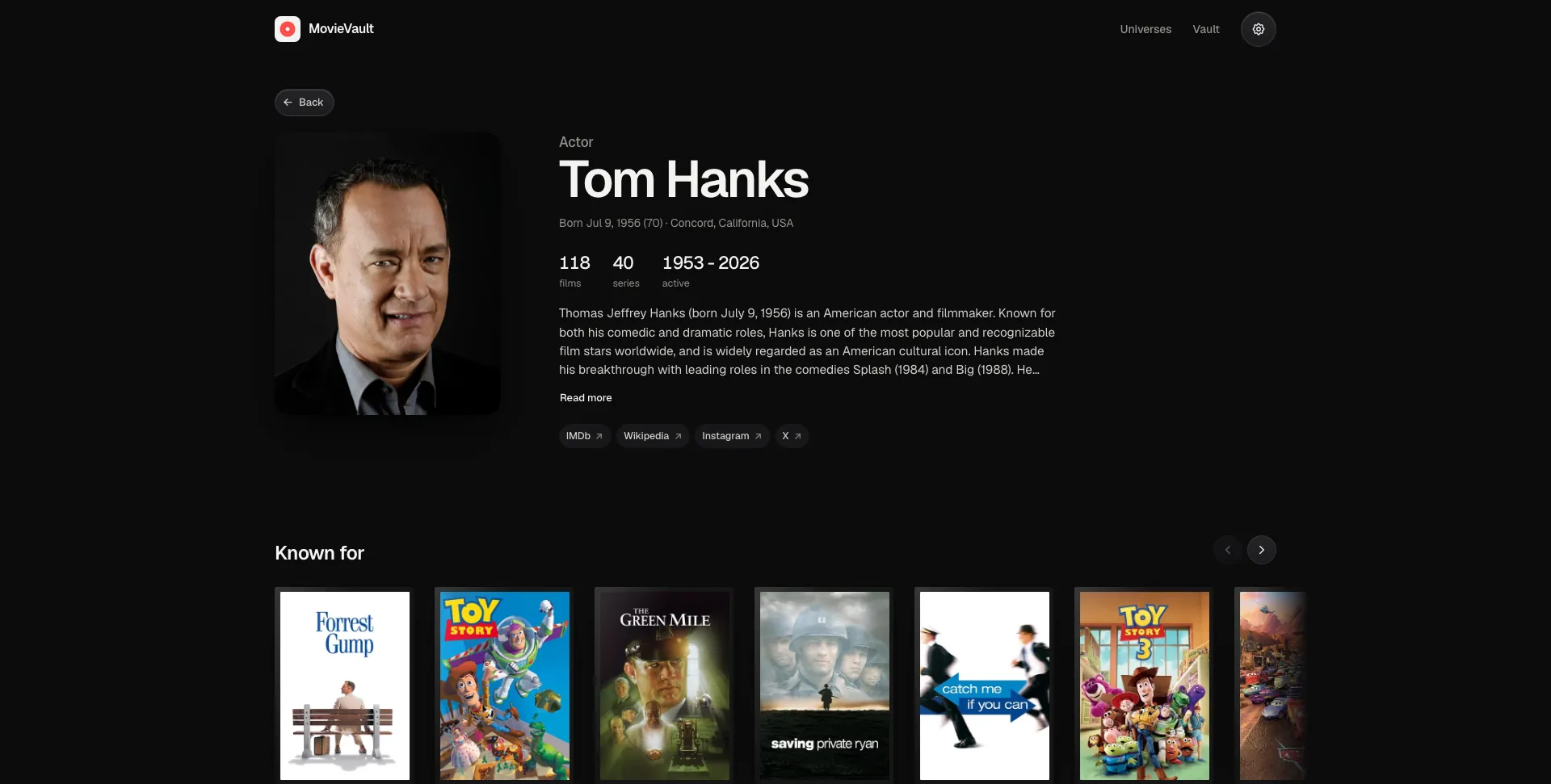 Tom Hanks with his films, series, years active, bio and links out