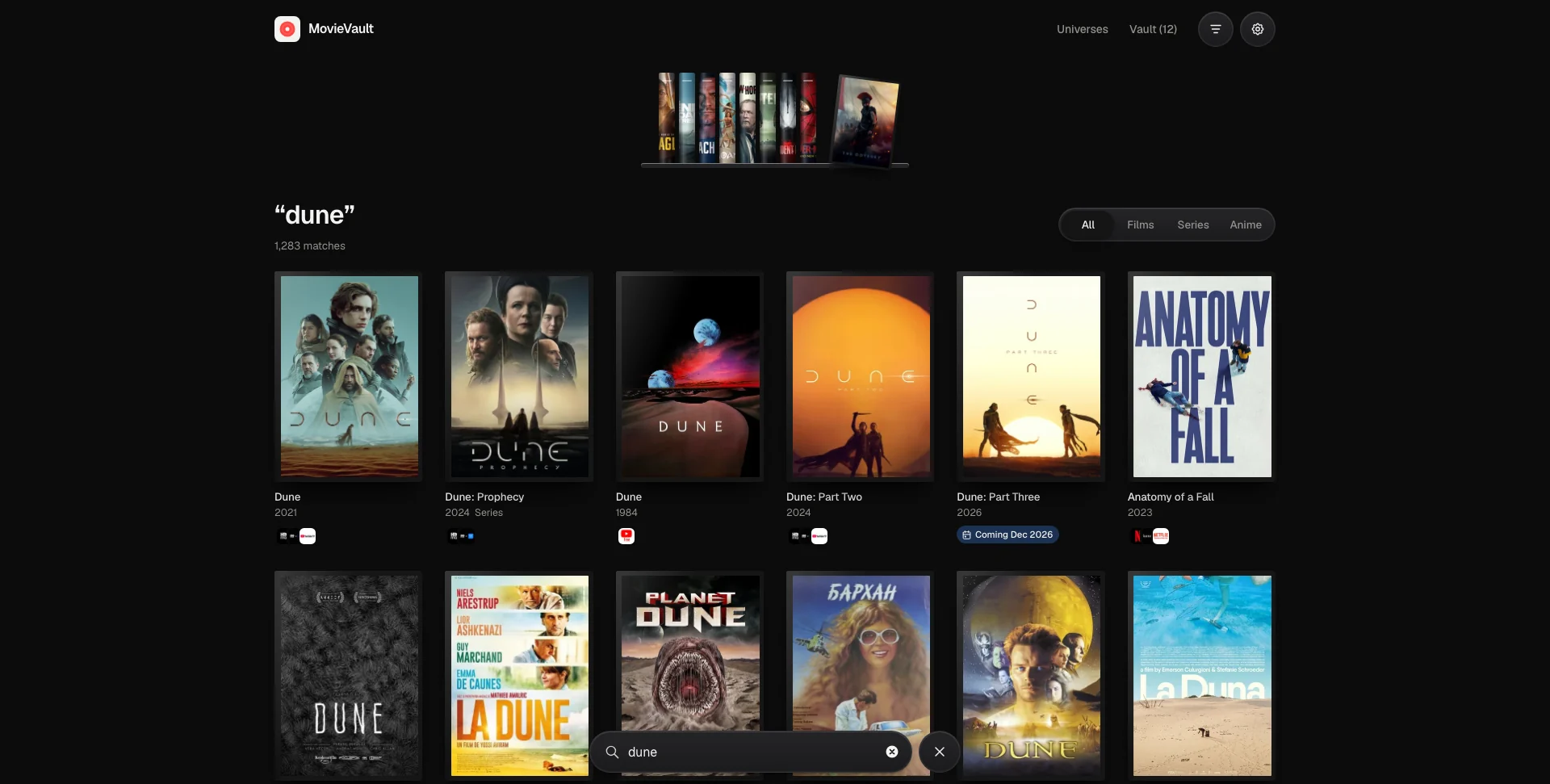 Search results for Dune across films and series