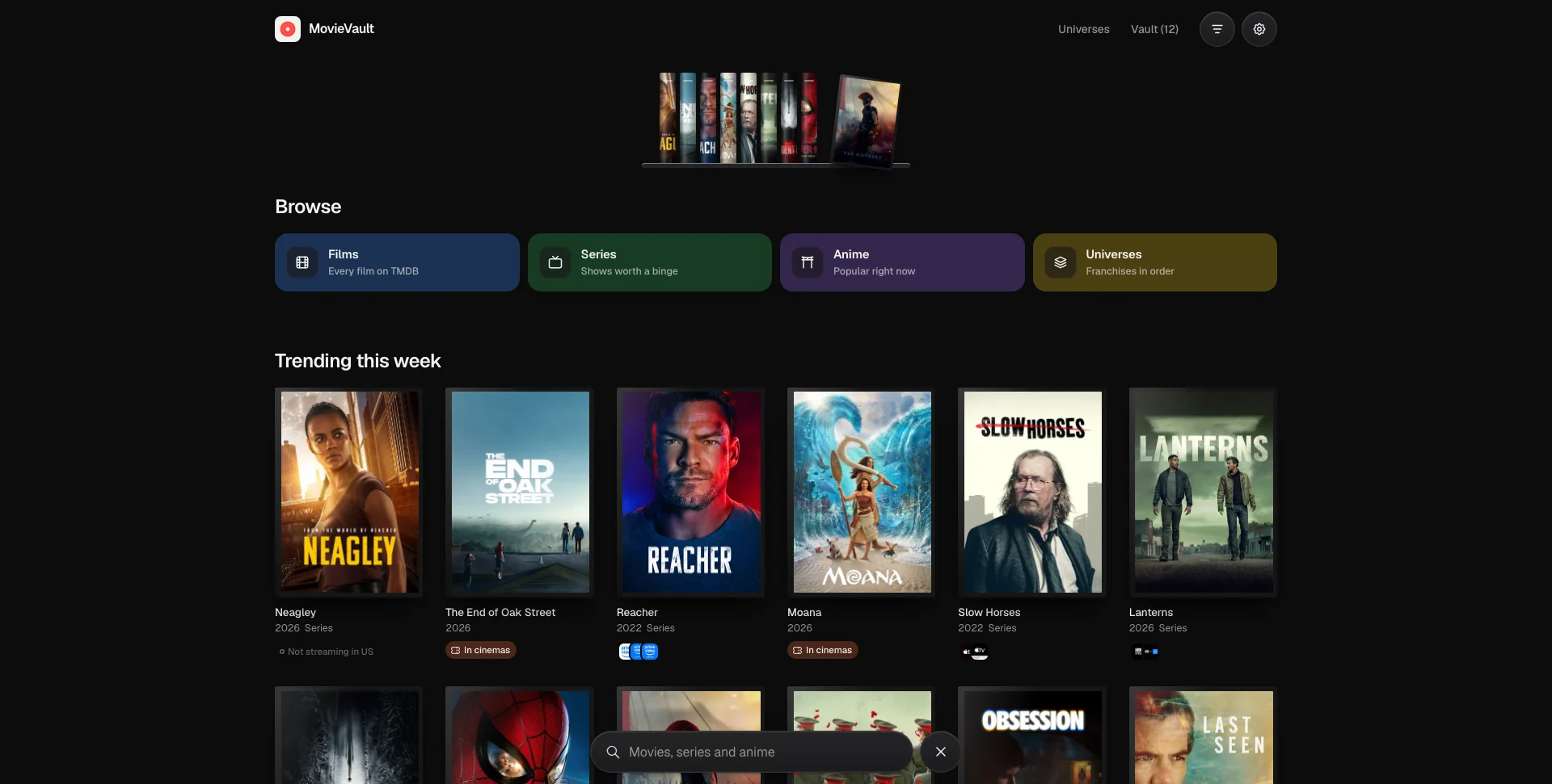 The shelf of trending spines above the browse cards and trending grid