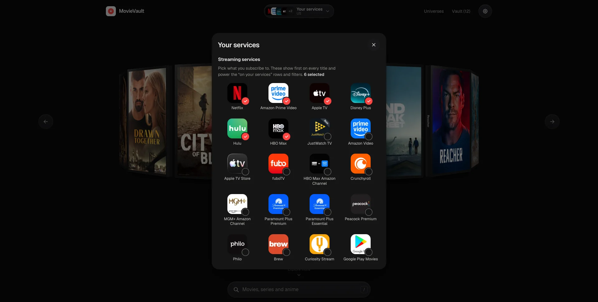 Picking streaming services in the services sheet