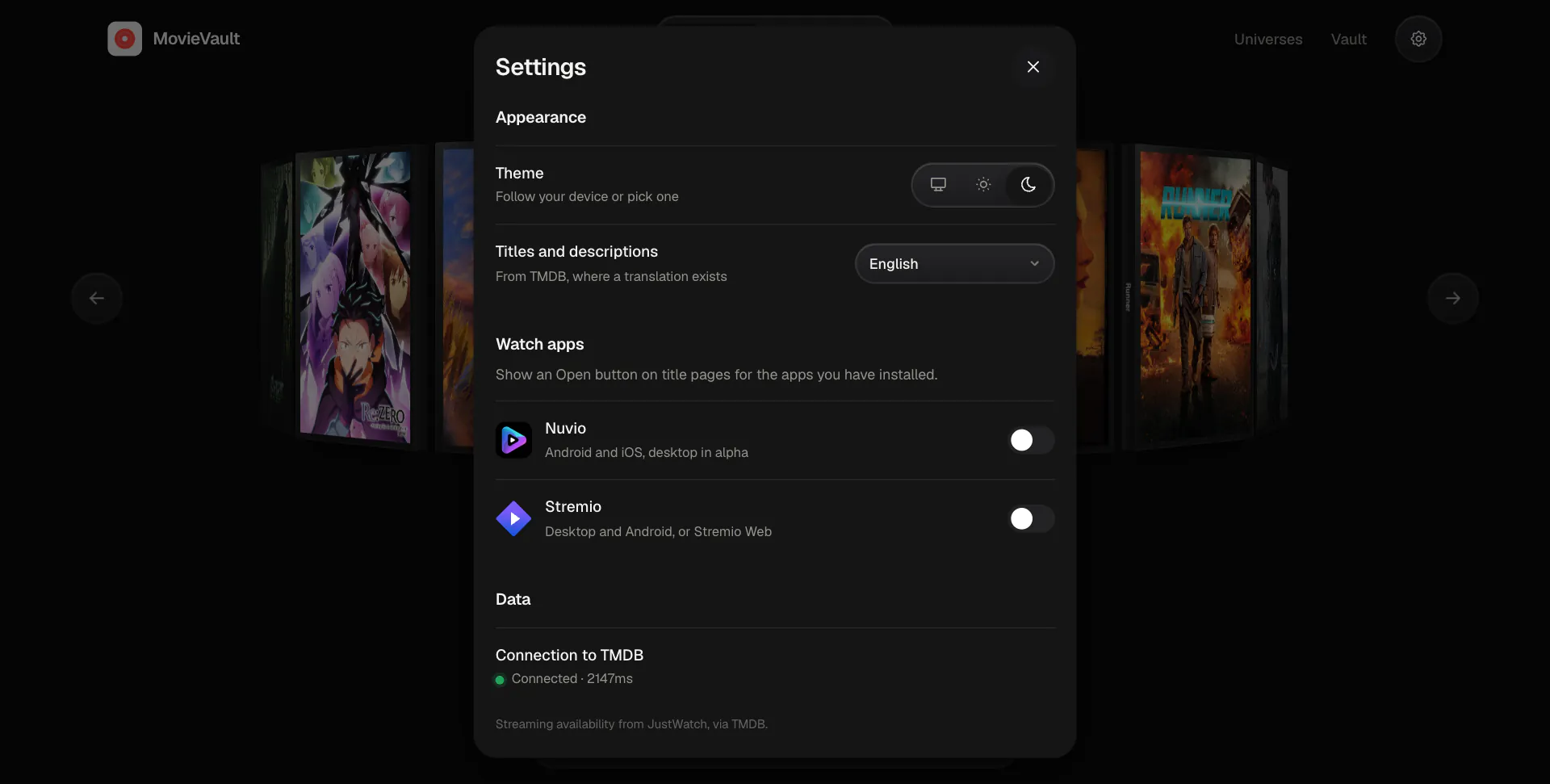 The settings sheet with theme, title language, watch apps and the TMDB connection