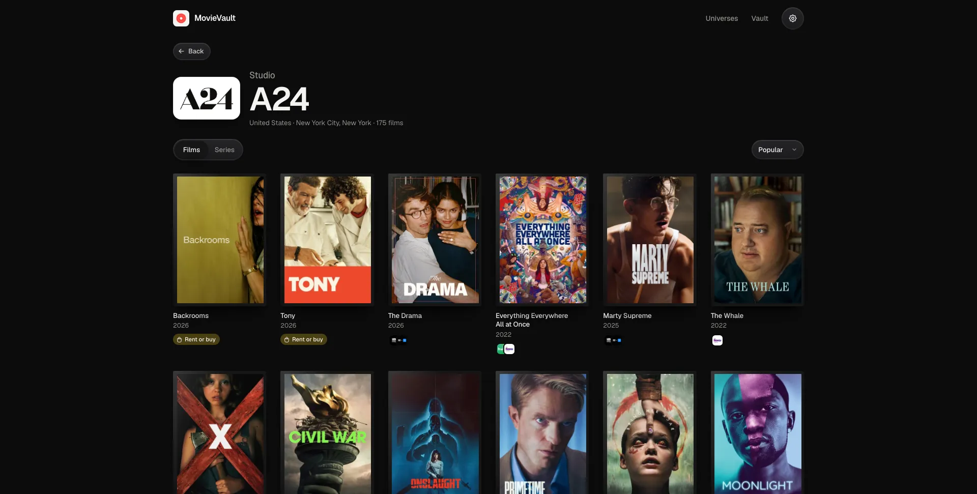 A24's studio page with its films sorted by popularity