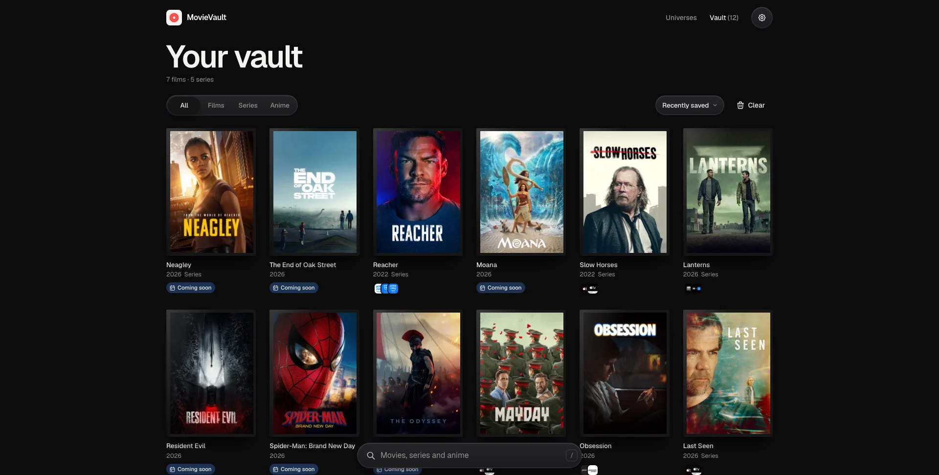 Saved films and series with where each one streams
