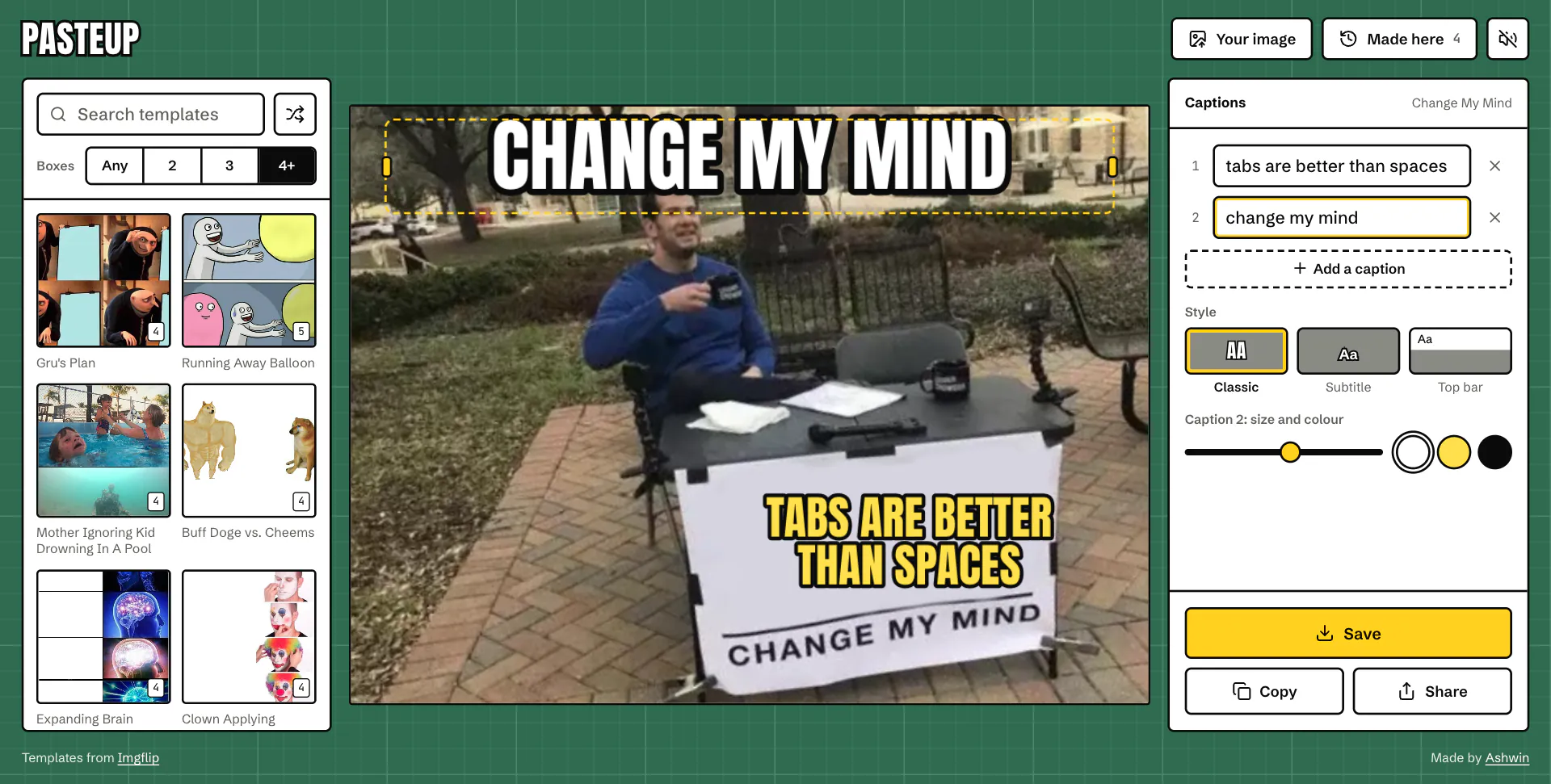 The template tray filtered to templates with four or more caption boxes