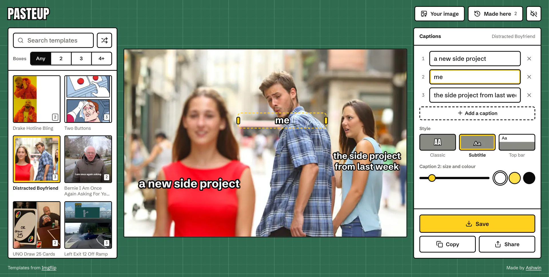 The same meme in the subtitle style, with plain outlined text