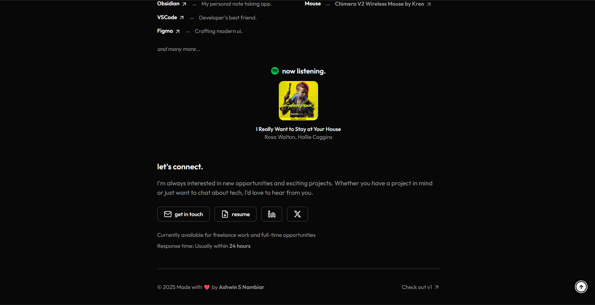 Full portfolio page showing Spotify Widget