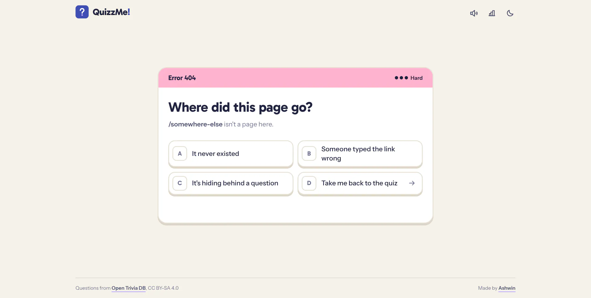 The 404 asked as a trivia card