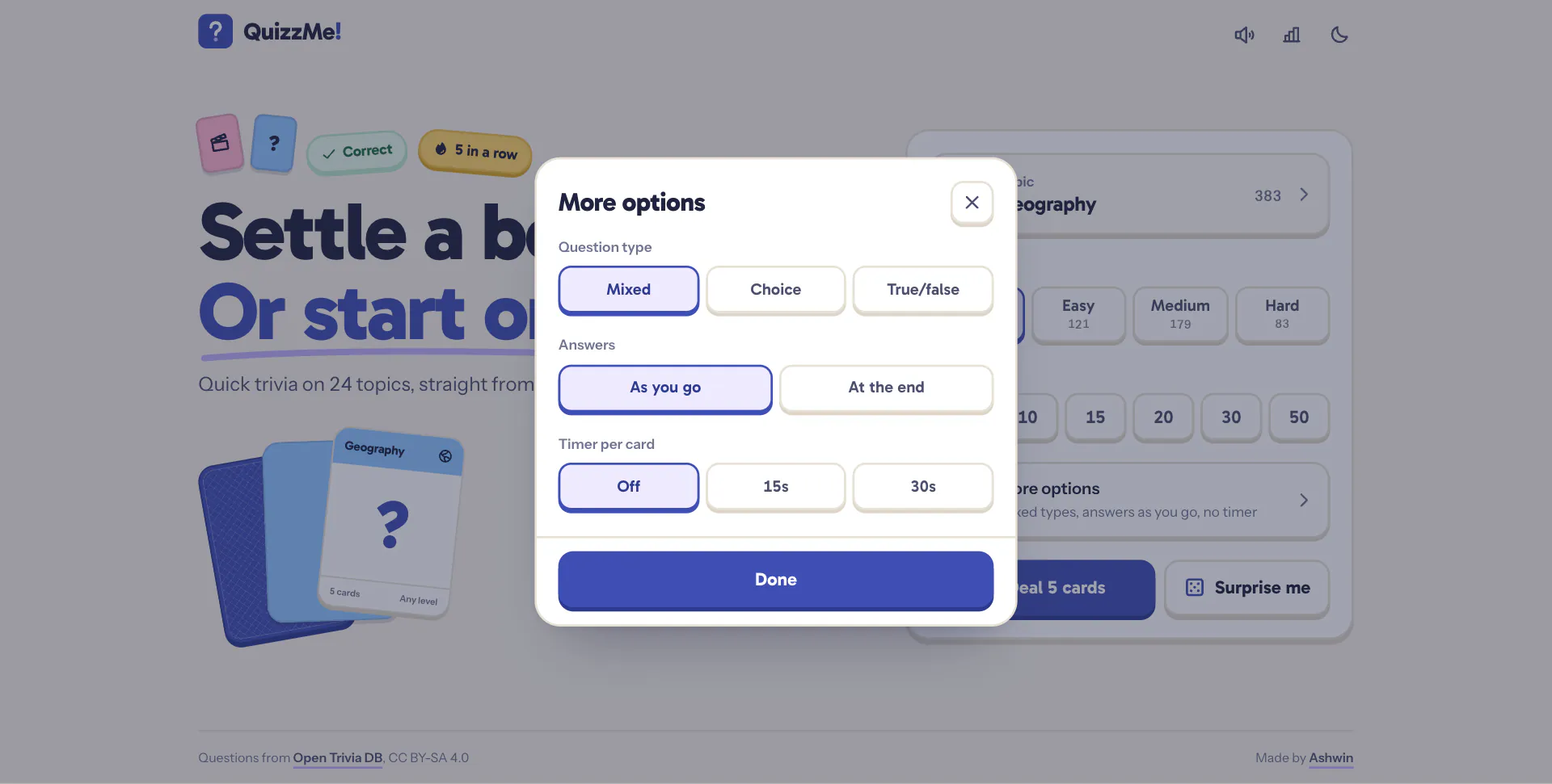 The more options sheet: question type, when answers show and the timer