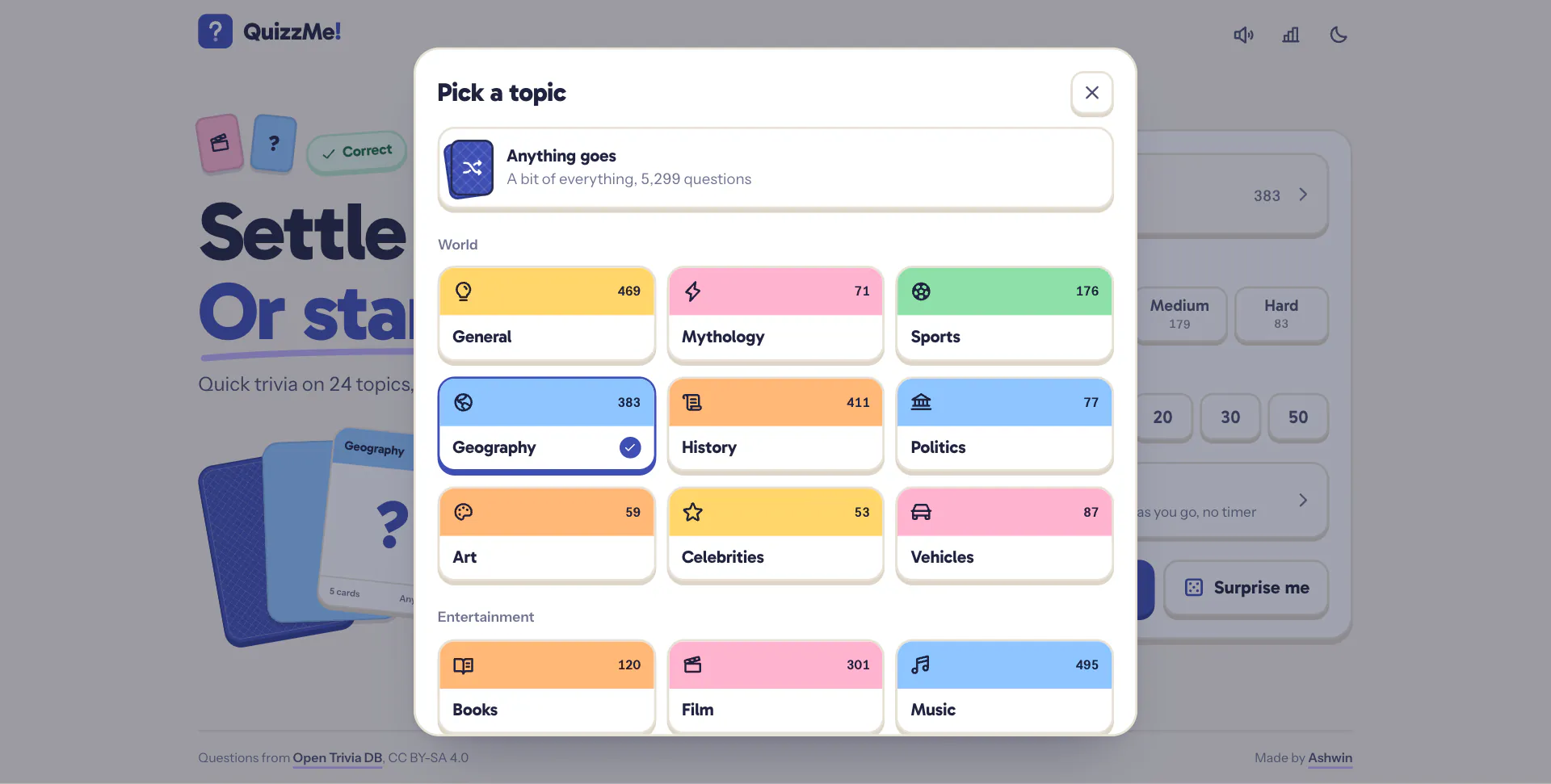 Every topic as a small card with its printed colour, icon and question count