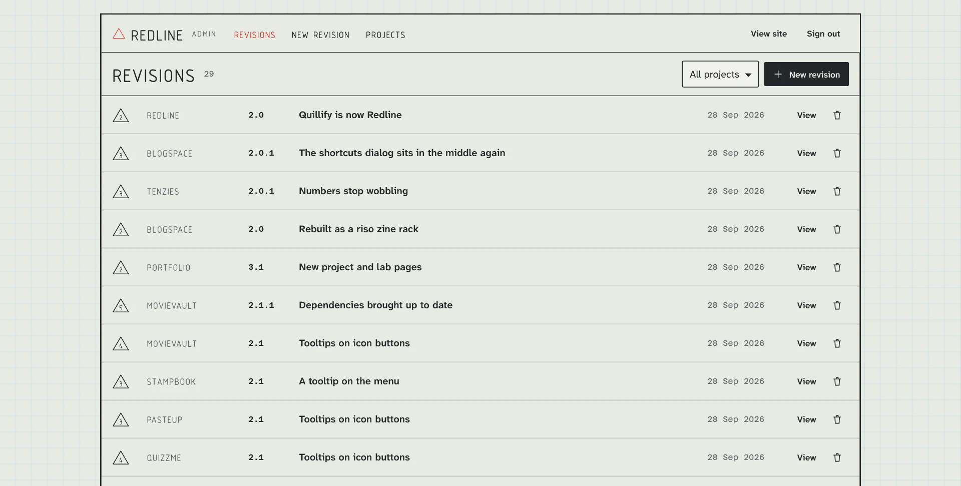The admin list of revisions with a filter by project and a new revision button