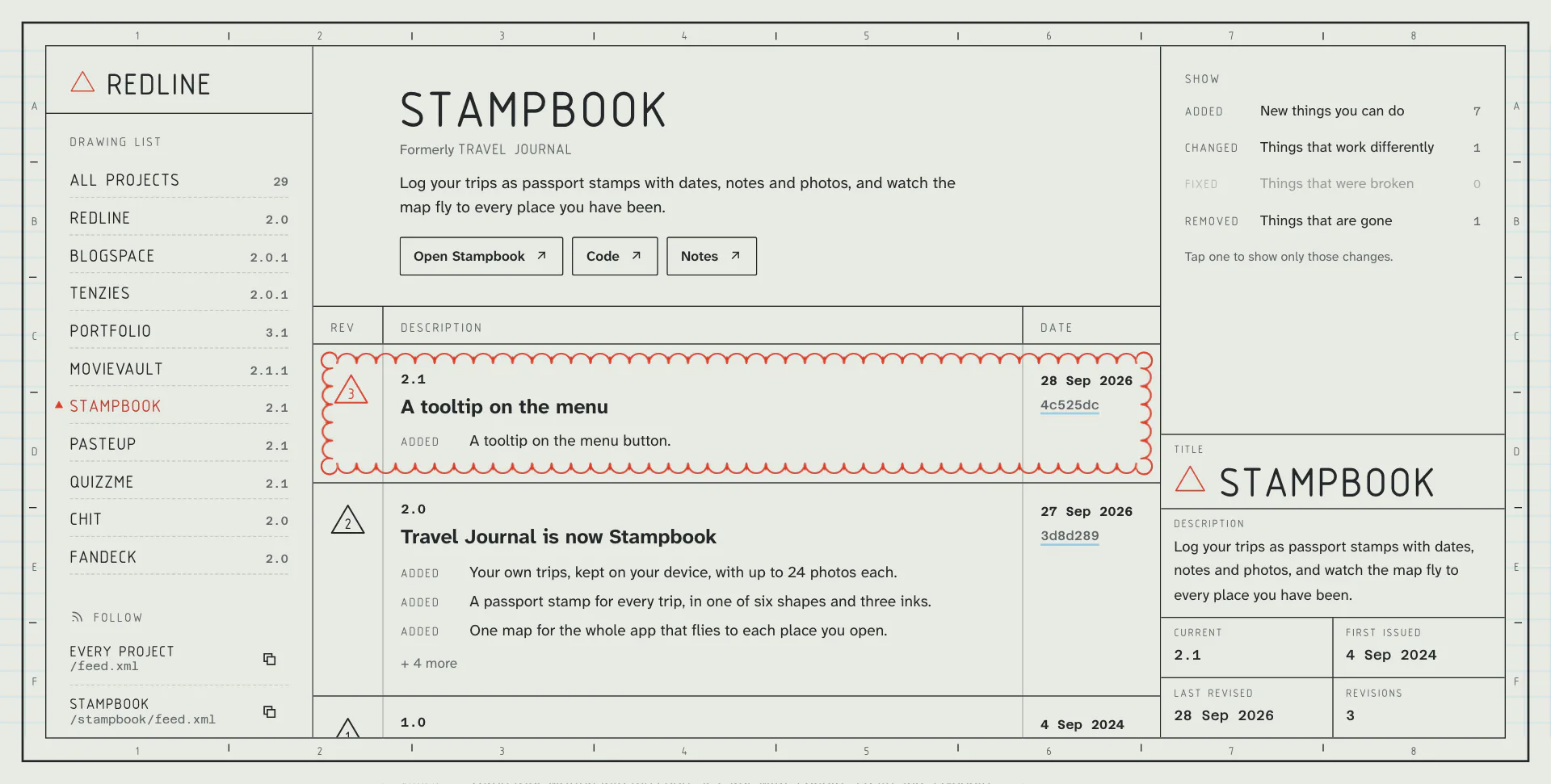 The Stampbook page: formerly Travel Journal, its links, and its revisions with the newest circled
