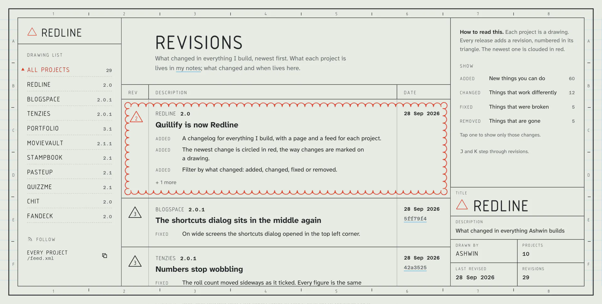 The Redline sheet: the drawing list on the left, the register of revisions with the newest circled in red, and the title block bottom right