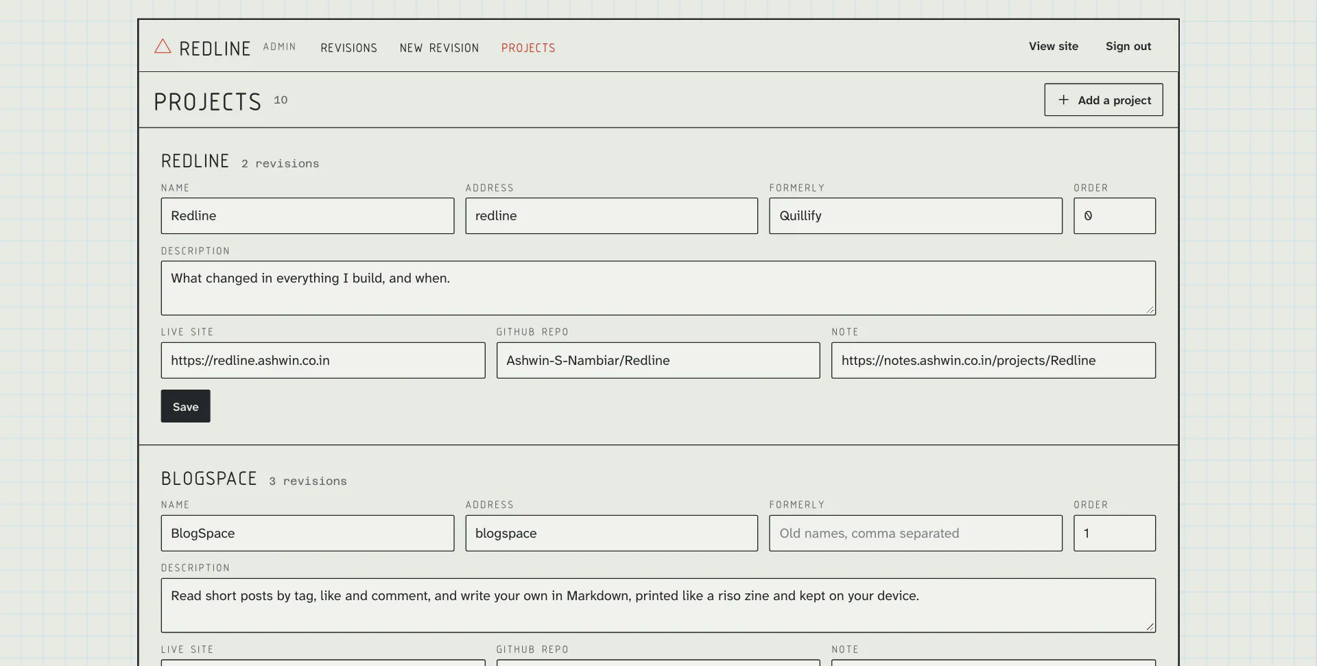 The admin projects page with the fields for Redline and BlogSpace