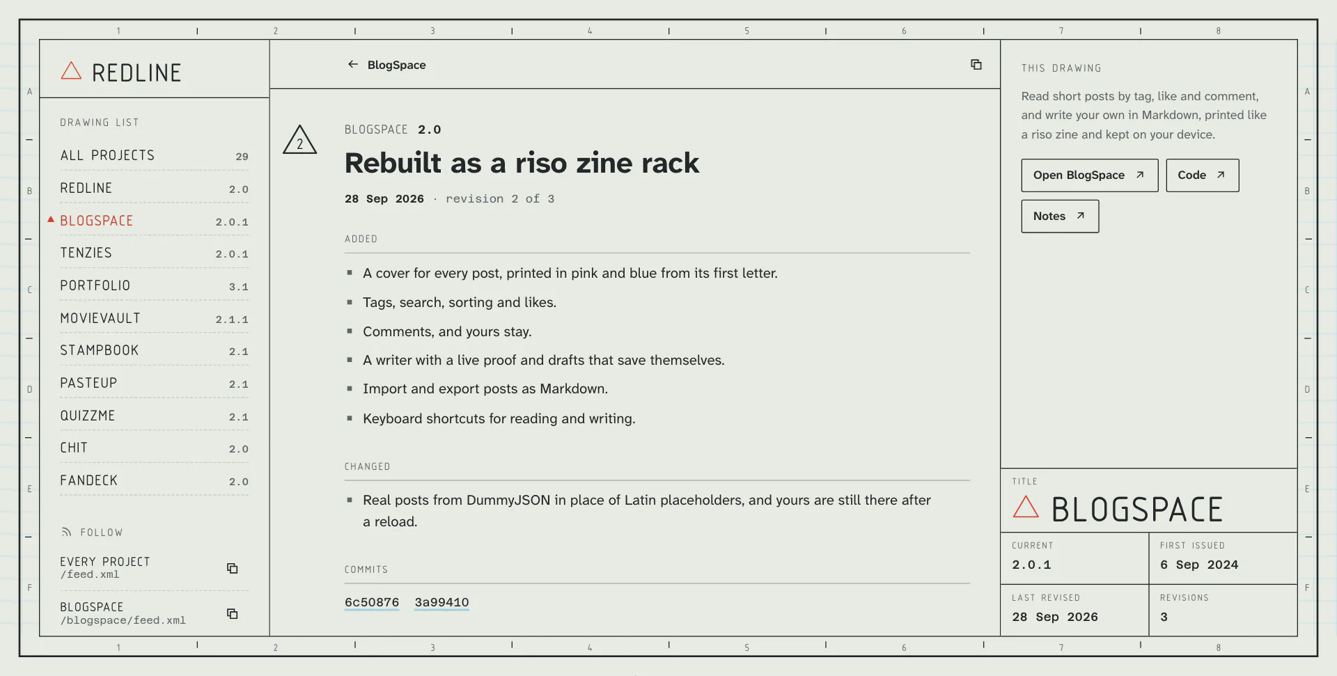BlogSpace 2.0, rebuilt as a riso zine rack, with its changes grouped under added and changed and its commits