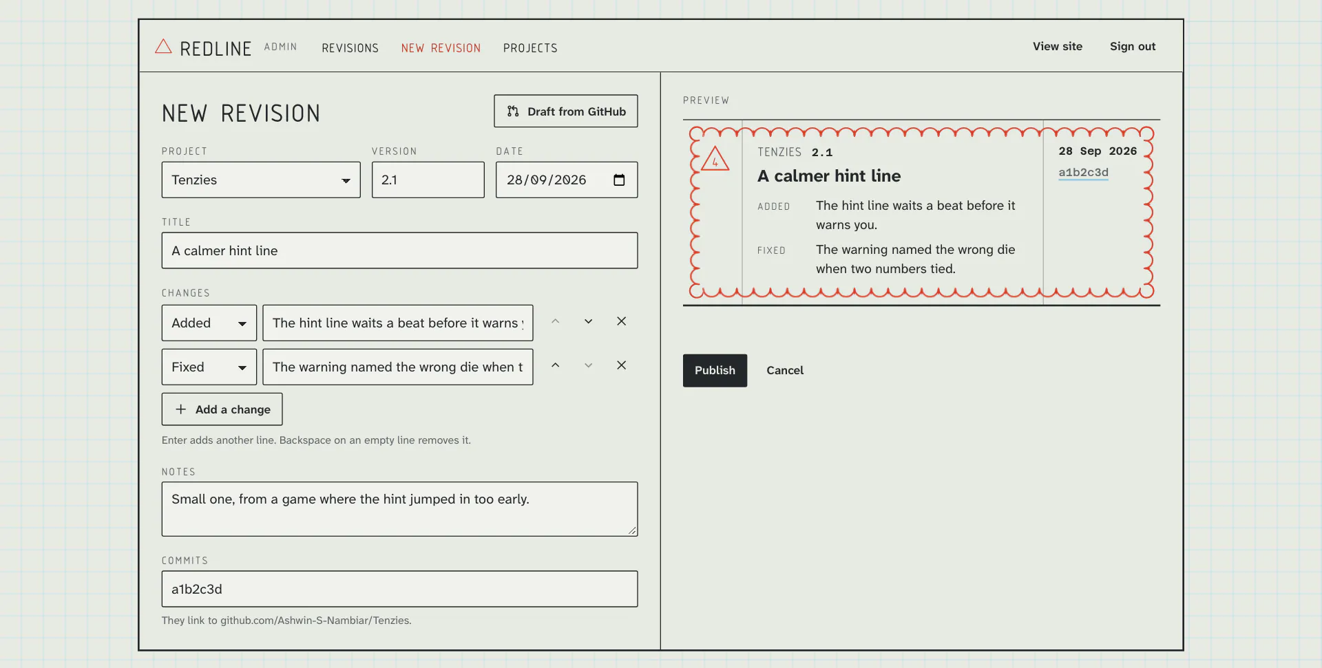 The editor with a Tenzies 2.1 draft, an added and a fixed change, a note, and the live preview circled in red