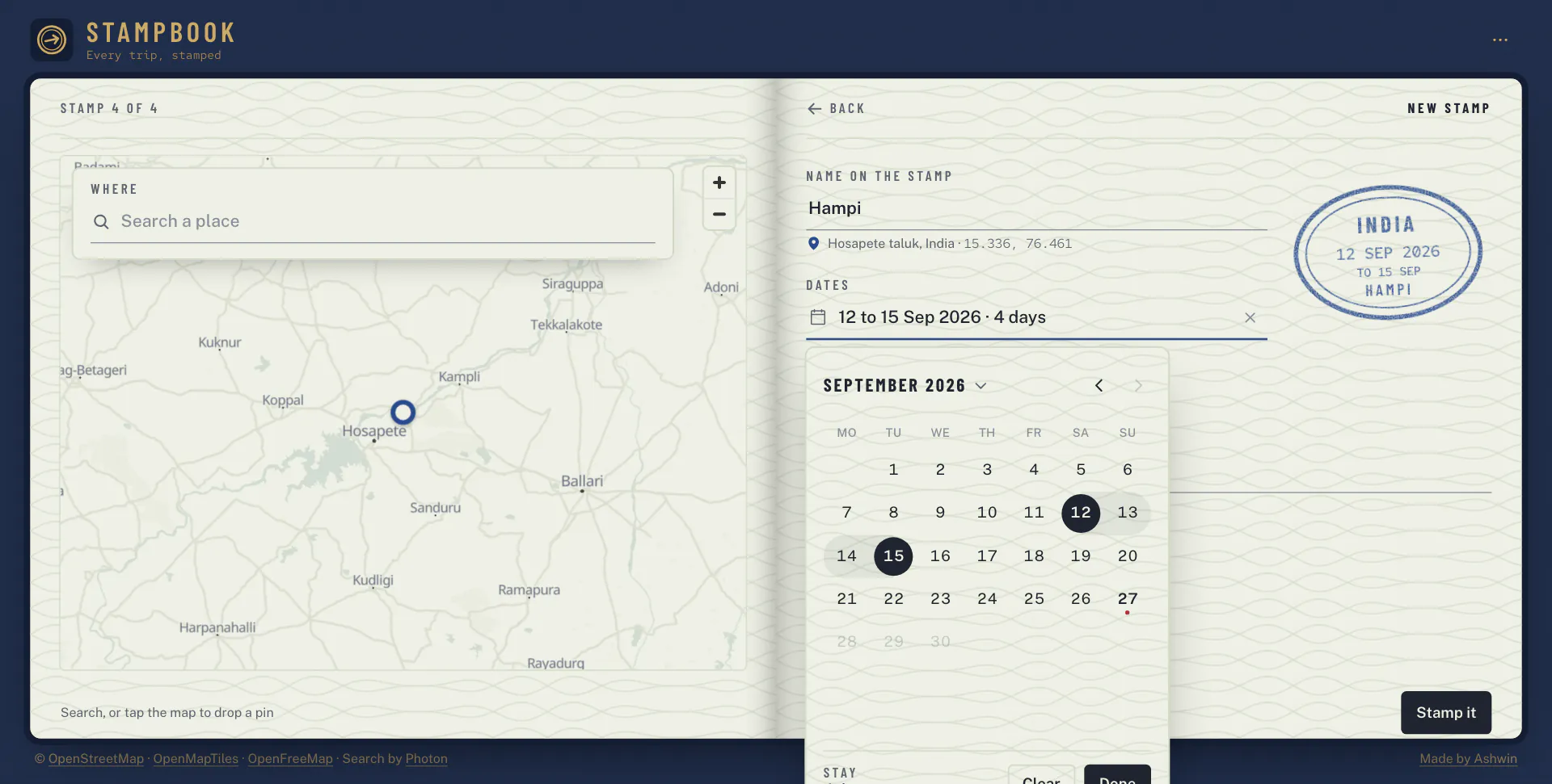 The date picker open with 12 to 15 September selected for a four day stay
