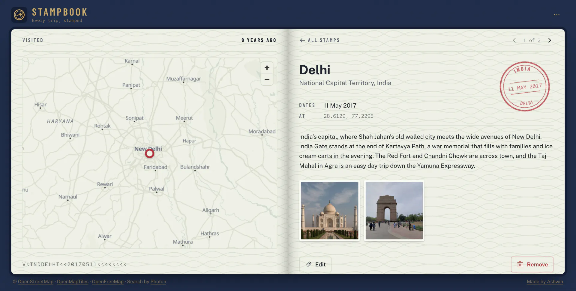 Delhi's entry: the map zoomed to New Delhi on the left, and the round red stamp, dates, notes and photos on the right