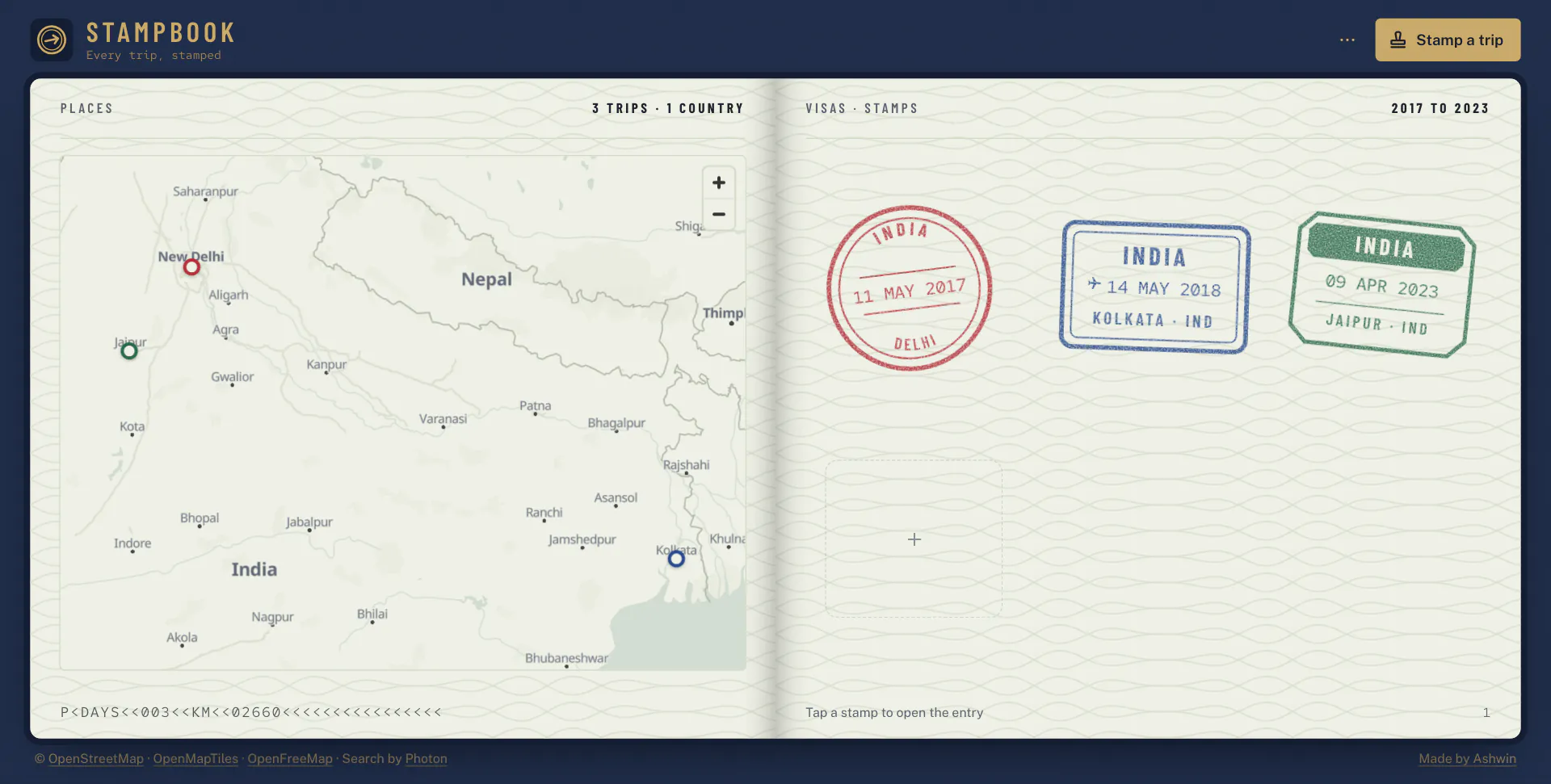 The open passport: a map of north India with three pins on the left page, and red, blue and green stamps for Delhi, Kolkata and Jaipur on the right