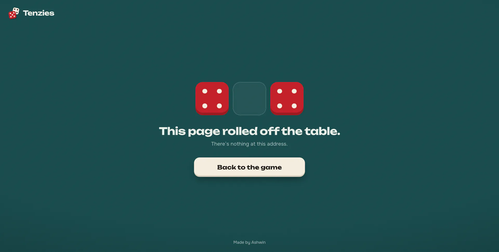 Two red dice with an empty space between them and the line this page rolled off the table