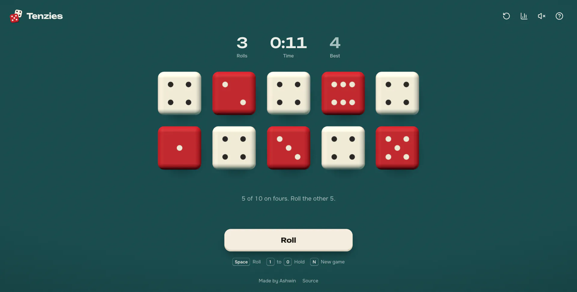 Five dice held in ivory on fours, the other five red, over the line 5 of 10 on fours, roll the other 5