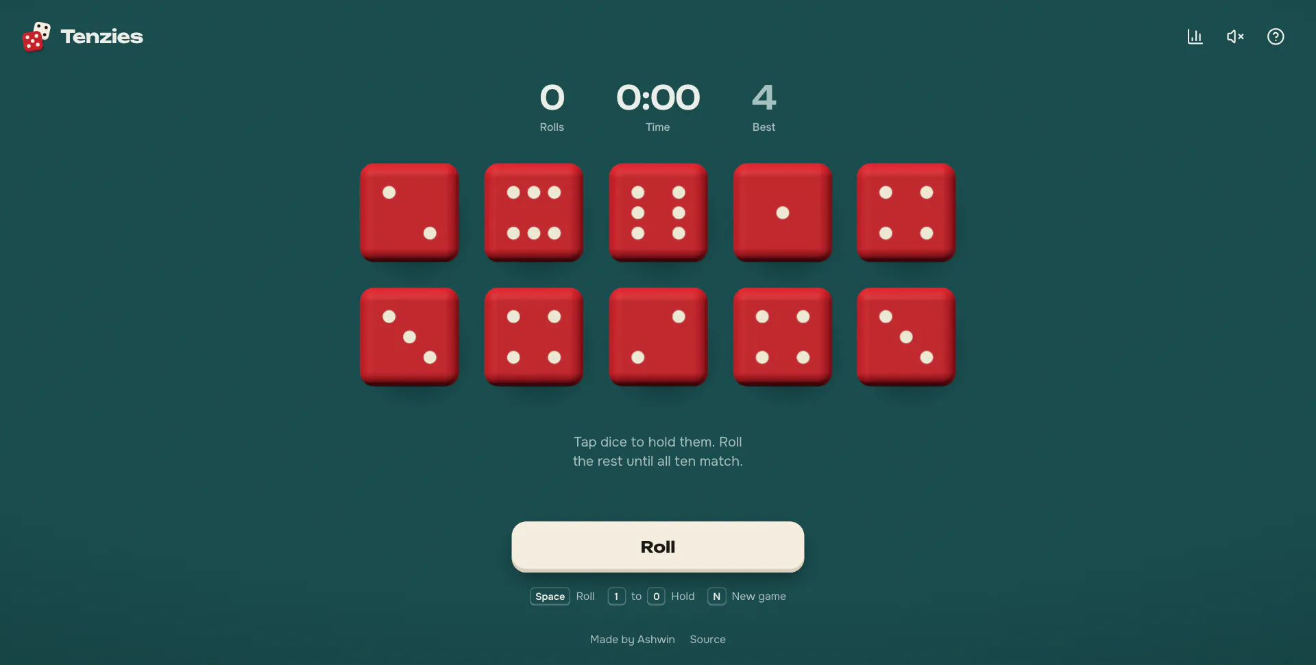 Ten red dice on green felt, with the roll count, the clock and the best score above and a roll button below