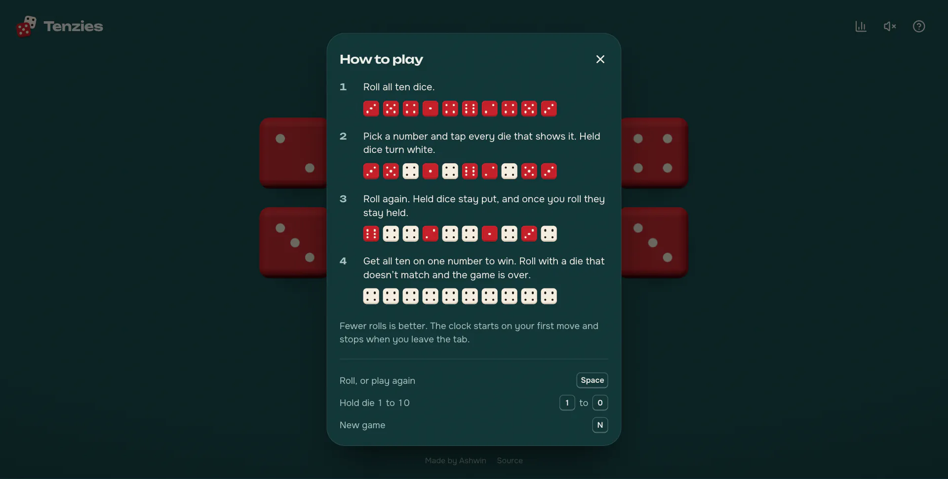 The how to play sheet: four steps, each with a row of small dice, and the keyboard shortcuts
