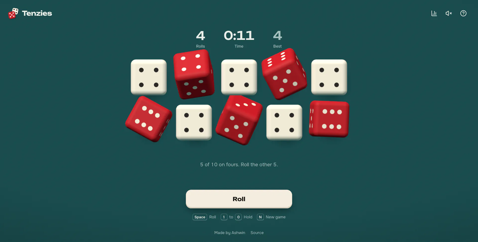 The red dice tumbling in 3D mid roll while the held ivory fours stay still