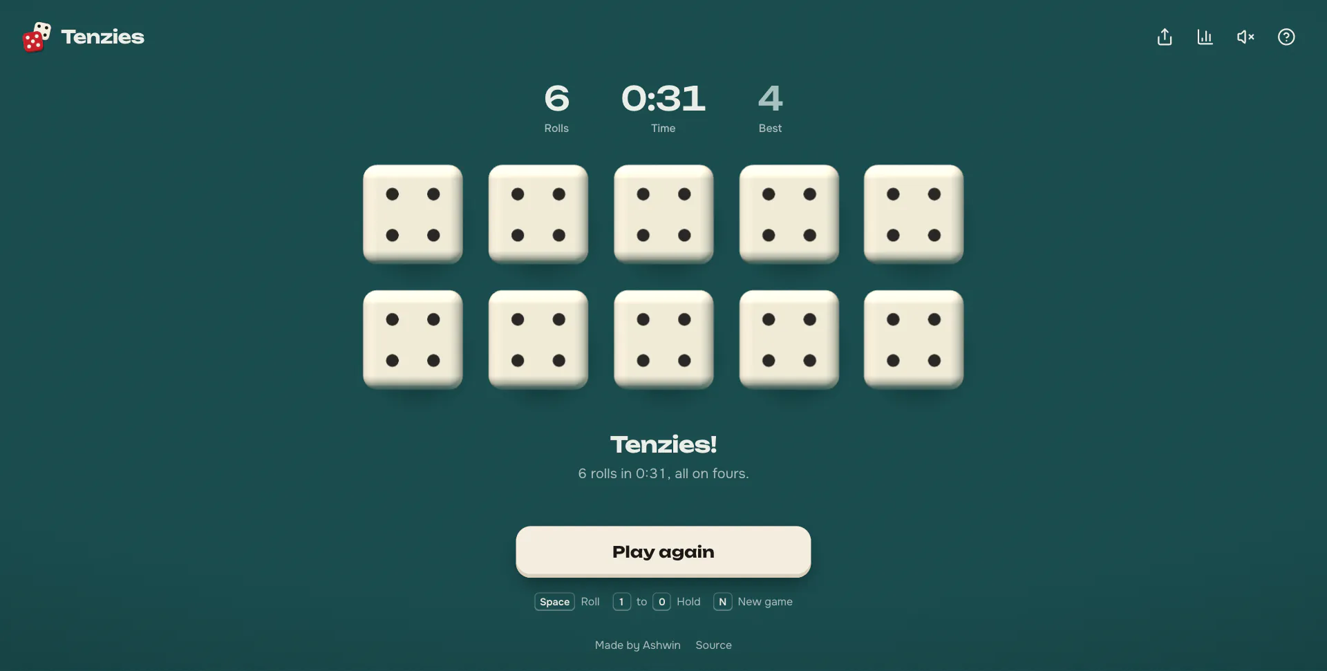 All ten dice ivory on fours, under the line Tenzies, 6 rolls in 0:31, all on fours